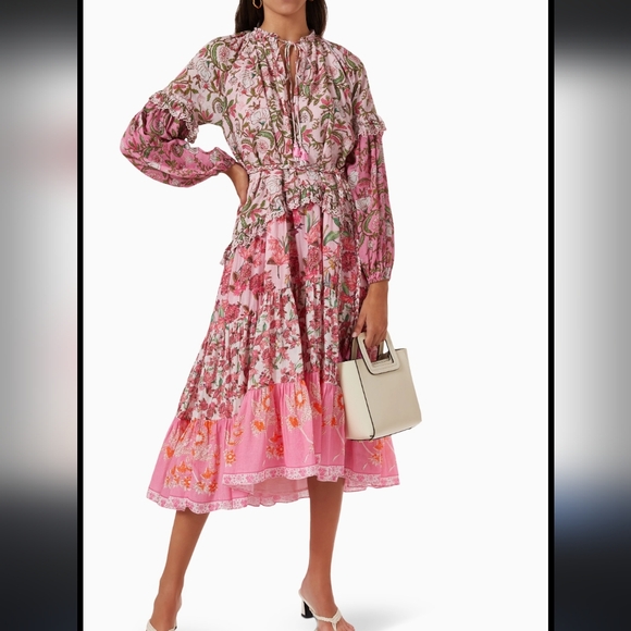 HEMANT & NANDITA Dresses & Skirts - Hemant & Nandita Sidra pink floral Midi Dress in Cotton XL